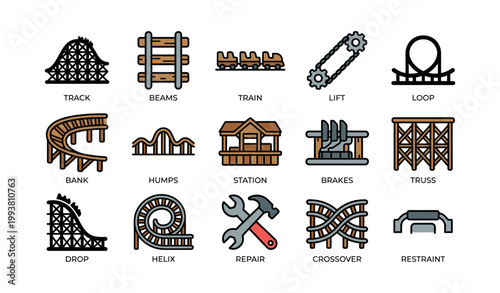Roller coaster parts and theme park ride icons arranged in grid