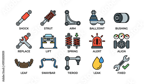 Automotive suspension and repair icons arranged in grid on white