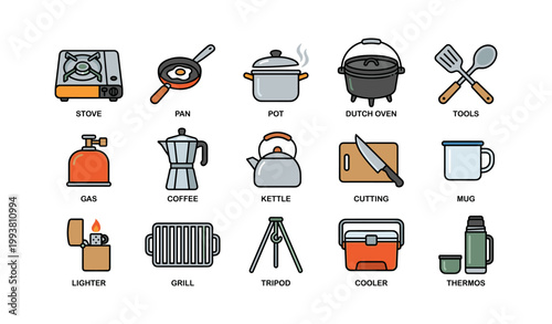 Camping cookware and outdoor cooking icons arranged in grid on white