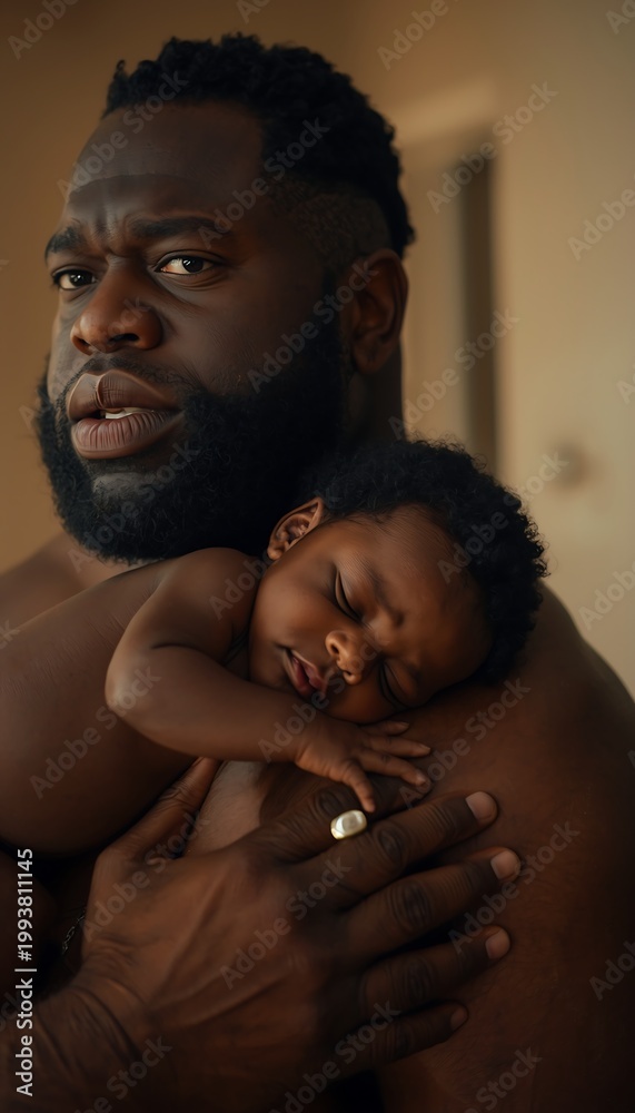 Obraz premium A Black father tenderly holds his newborn baby in a warm and intimate moment at home.
