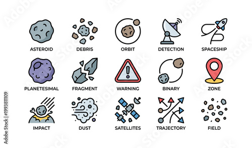 Asteroid and debris icons illustrating orbital detection and hazards