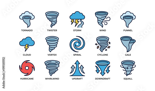 Tornado and vortex icons representing wind phenomena and storms