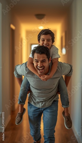 A Latino father giving his young son a piggyback ride down a hallway with a joyful smile