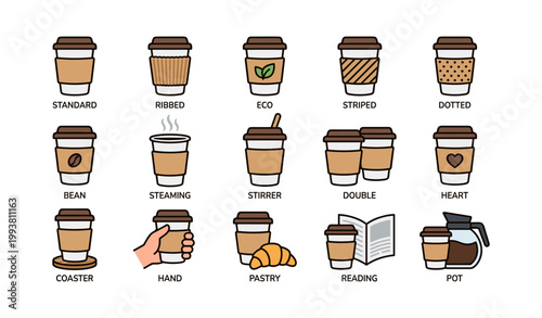Variety of takeaway coffee cup icons showing styles and uses