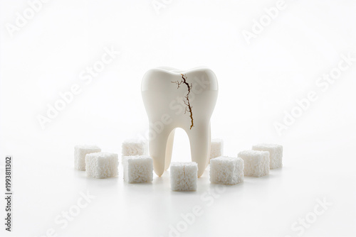 Cracked tooth experiencing sugar decay and damage concept