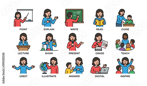 Teacher action icons showing classroom activities on white background
