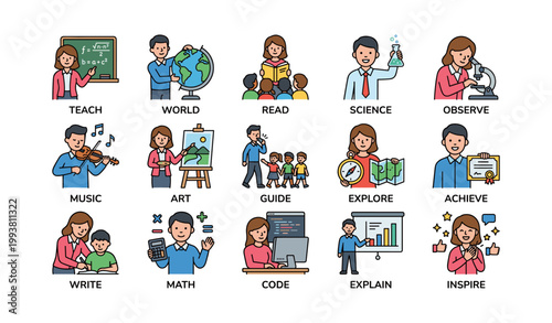 Education and learning icons arranged in grid on white background