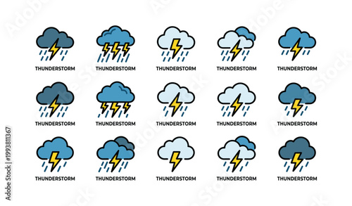 Thunderstorm icon variants arranged in grid on white background