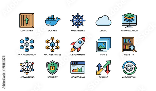Devops container cloud icons showing deployment on white background