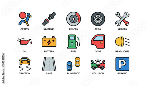 Automotive maintenance and safety icons displayed on white grid
