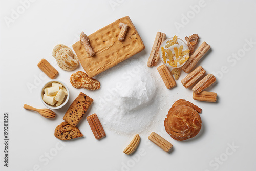 Assortment of baked goods, sugar, and butter on white background