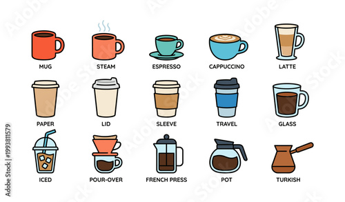 Coffee and beverage icons arranged in grid on white background