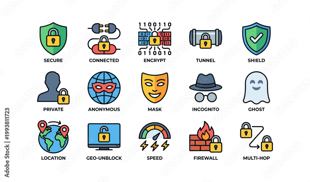 Fototapeta premium Privacy and security icons arranged in grid on white background