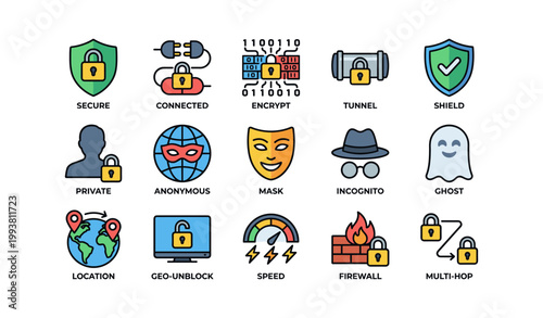 Privacy and security icons arranged in grid on white background