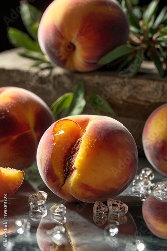 Peach Macro Photography Honey Glaze Fresh Fruit Wild Thyme Pine Sprig Premium Food Photography