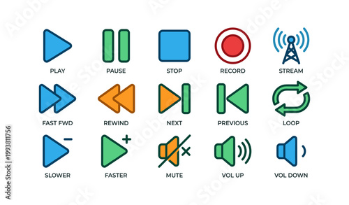 Set of media playback and volume icons displayed on white background