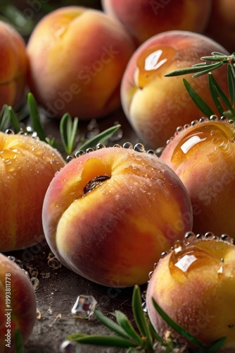 Premium Peach Photography Fresh Half Honey Glaze Wild Thyme Pine Macro Food Commercial Studio