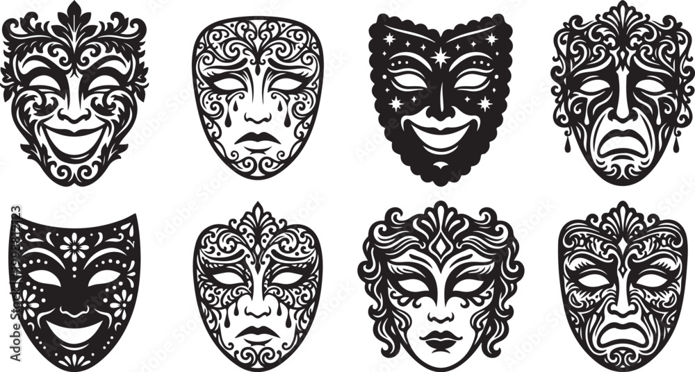 Fototapeta premium An arrangement of ornate venetian masks displayed against a white background silhouette