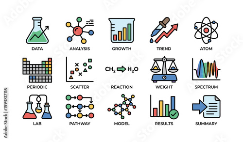 Science and data icons arranged in a grid on white background