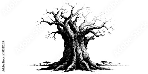 Stipple Pointillist Baobab Tree-Dot Technique Dense Sparse Tonal Gradient African Buttress Roots Luminous-Black White Fine Art