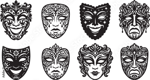 An arrangement of ornate venetian masks displayed against a white background silhouette
