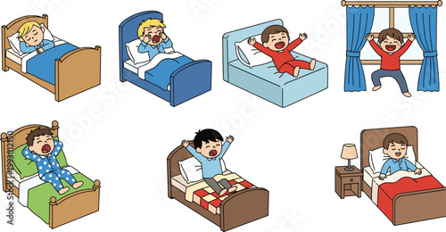 Cartoon illustrated children in beds waking up stretching yawning sleeping morning routine bedtime gestures expressive faces playful creative artwork scene