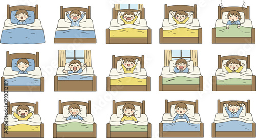 Cartoon illustrated children in colorful pajamas sleeping waking yawning stretching morning routine bedtime gestures expressive faces creative artwork scene
