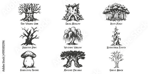 Fairy Tale Forest Enchanted Tree Collection-Wizard Tree Troll Banyan Beanstalk Toadstool Hollow Yew Birch Ghost Crosshatch Whimsical-Art