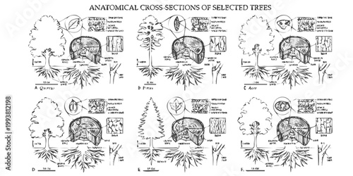 Scientific Tree Anatomy Cross-Section Sheet-Growth Rings Heartwood Sapwood Cambium Root System Leaf Cell Bark Magnified Cutaway-Science Art