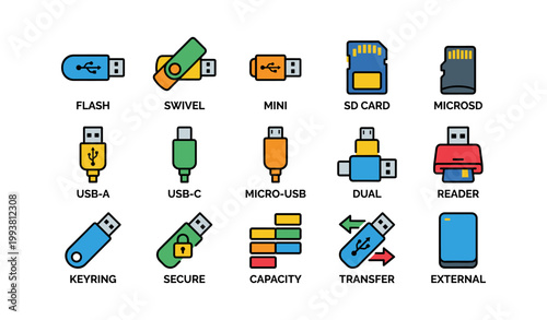 Set of usb and memory card icons arranged in grid layout
