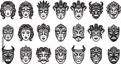 Collection of diverse ornate masks in black and white a striking silhouette