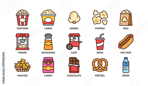 Concession snack icons arranged in grid on white background