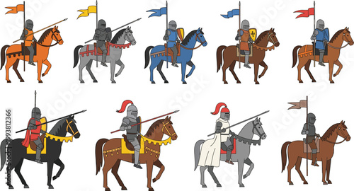 Cartoon illustrated medieval knights riding horses wearing armor holding lances flags shields colorful heraldry crusader symbols creative historical artwork scene