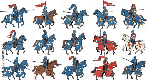 Cartoon illustrated medieval knights on horseback wearing armor carrying swords lances shields banners crosses crusader symbols creative historical artwork scene