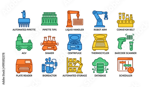 Laboratory automation equipment icons in grid on white background