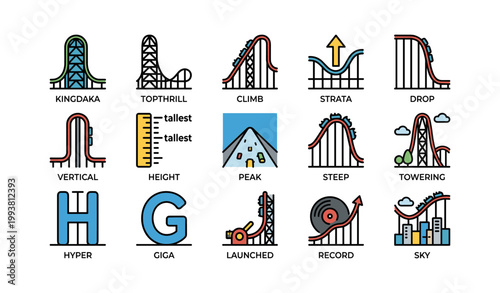 Rollercoaster and height icons showing ride features on white