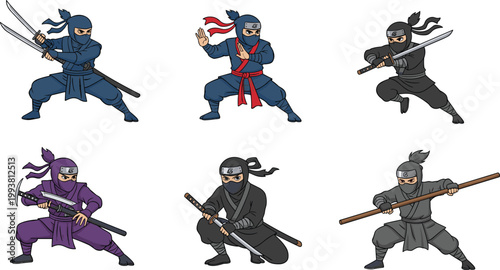 Collection of cartoon ninja warrior characters in various fighting poses with katana swords and staff for Japanese martial arts vector illustration