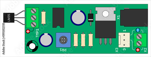 Placement of components of radio elements (contact
pads and seats) on printed circuit board of electronic device. Vector engineering drawing of pcb. Electric background. Computer educational project. 