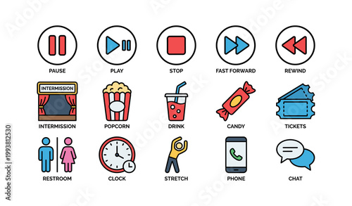 Cinema and media icons showing playback and theater items