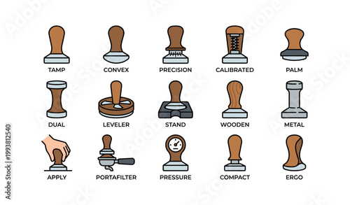 Stamp and tamper icons arranged in grid on white background