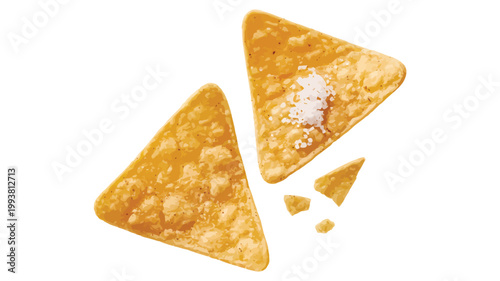  Close-up of Crunchy Triangular Tortilla Chips with Sea Salt Isolated on White Background