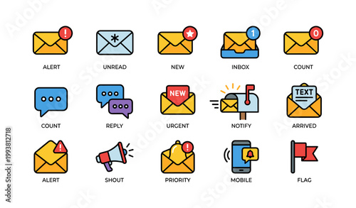 Email notification icons showing message status on white