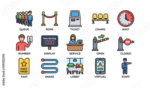 Queue and waiting icons depicting lines, tickets, and service areas