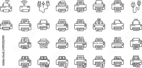 Large Set of Pixel Art Style Printer Icons with Various Functions and Accessories on White Background Vector Illustration