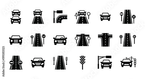 Black silhouettes depicting various road elements traffic signs and vehicles