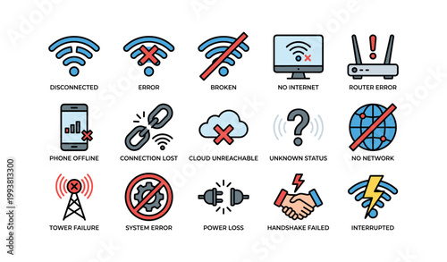 Network error and connection lost icons on white background