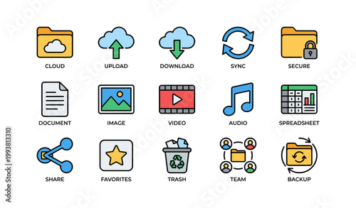 Cloud storage and file type icons arranged on white background