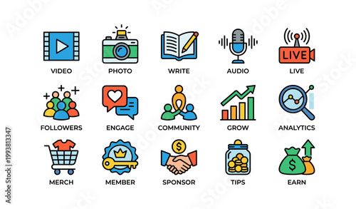 Social media content and monetization icons on white background