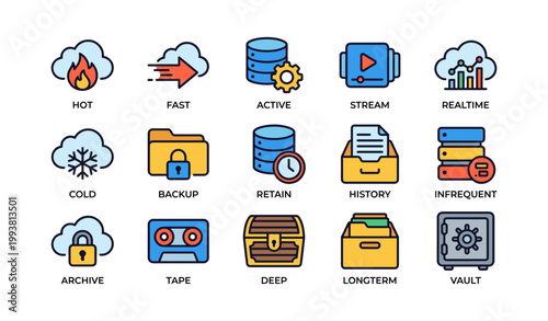 Cloud storage and archive icons arranged on white background