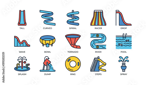Water park slide and splash icons arranged in grid layout